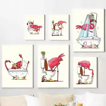 Фламинго Ванная комната Забавный туалет Ванна Настенный Арт Плакат Печать Милые Фламинго Картина на Холсте Комната Домашний Декор Клозетуал Ванна Картина 21x30cm No Framed