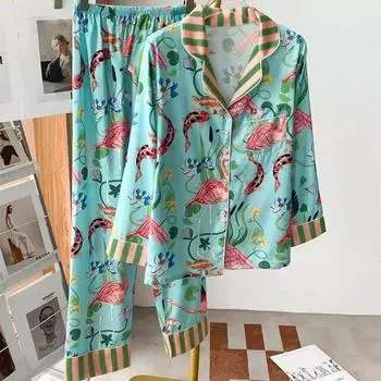 Flamingo Women Summer Spring Satin Silk Illustration Flower Sleepwear Thin Two Piece Set Pyjamas M