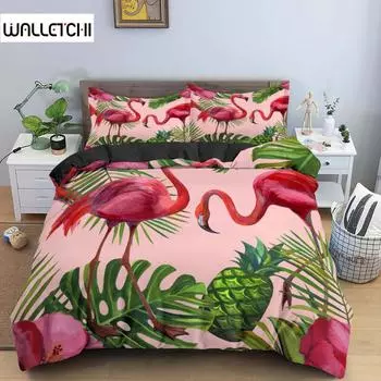Фламинго зеленое растение пальмовый лист пододеяльник мягкий розовый удобный пододеяльник мультяшный фламинго комплект постельного белья для женщин девочек декор EU single(135x200cm)