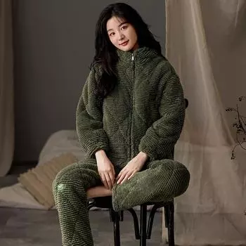 Фланелевая ламинированная хлопковая пижама для пар, зимняя, толстая, теплая, на молнии, из кораллового бархата и трехслойного бархата, для мужчин и женщин, домашняя одежда M хаки