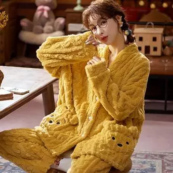 Фланелевая пижама с медведем и карманами для женщин с принтом, корейская милая повседневная свободная одежда для девочек Kawaii, осенне-зимняя теплая одежда для сна, шикарная тенденция S жёлтый