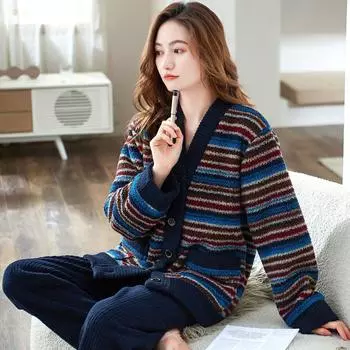 Фланелевая пижама женская осенне-зимняя домашняя одежда толстый коралловый бархат домашняя одежда костюмы из двух частей теплый кардиган домашняя одежда XL