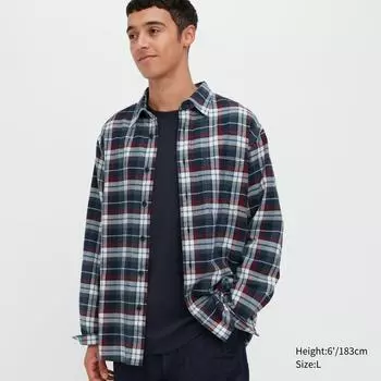 Фланелевая рубашка в клетку UNIQLO с длинным рукавом, обычный цвет K Bluebonnet/M