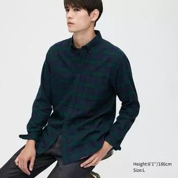 Фланелевая рубашка в клетку UNIQLO с длинным рукавом и воротником на пуговицах