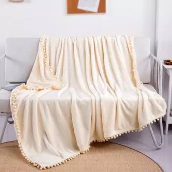 Фланелевое одеяло с помпонами, бахромой, легкое, уютное, мягкое, подходит для дивана, дивана, подходит для любого сезона 100x150cm коричневый