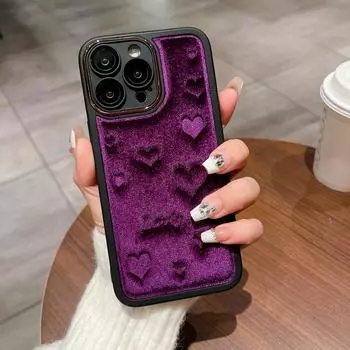 Фланелевой чехол для телефона с маленьким сердечком для iPhone 15 Pro Max 14 13 12 11, противоударный мягкий бархатный чехол из ТПУ iPhone 15 фиолетовый