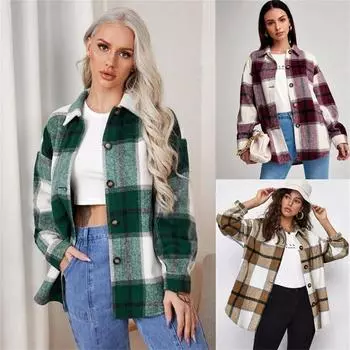 Фланелевые рубашки с длинным рукавом для женщин, повседневная клетчатая рубашка на пуговицах, топы, осенняя куртка с лацканами 2022, пальто M хаки