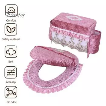 Фланелевый чехол для унитаза, ультра-плюшевый чехол для унитаза с боковыми карманами, кружевной отделкой, легкая установка, теплая моющаяся подушка для сиденья унитаза