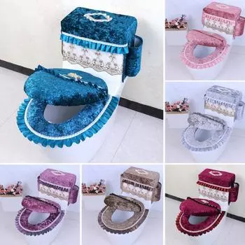 Фланелевый чехол для унитаза, ультра-плюшевый чехол для унитаза с боковыми карманами, кружевная отделка, легко