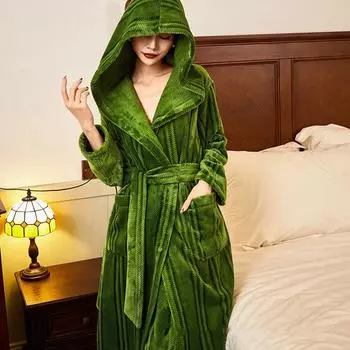 Фланелевый длинный халат, пижамный комплект в ретро-стиле в зеленую полоску, халат с капюшоном, роскошный толстый пижамный костюм, теплая домашняя одежда из кораллового флиса S зелёный