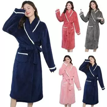 Фланелевый халат для сна для женщин, длинный зимний ночной халат, пижама, теплый халат с карманом, роскошный женский утолщенный халат M