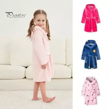 Фланелевый халат с капюшоном и завязкой на талии для девочек, мягкий пушистый банный халат для детей, теплый банный халат с принтом, капюшоном и карманами 130 cm