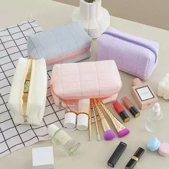 Фланелевый пенал и косметичка в японском стиле в клетку - большая вместимость, простой дизайн 18 фиолетовый