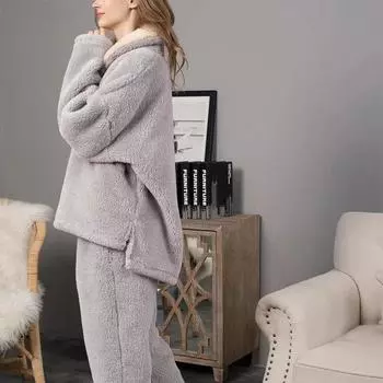 Фланелевый теплый зимний пижамный костюм из двух частей для женщин, ночная рубашка, пижамный комплект Femme Nightie S чёрный