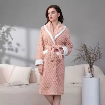 Фланелевый зимний женский пижамный комплект из 2 предметов с отложным воротником, халат и штаны с длинным рукавом, плотная теплая женская пижама M розовый