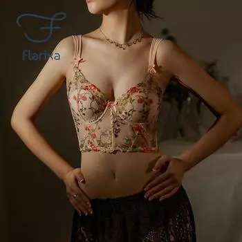 Flarixa 2022, французское весеннее нижнее белье с цветочной вышивкой, романтический топ с тонкой чашкой и подушечками, бюстгальтер без косточек, женское сексуальное нижнее белье пуш-ап, милый кружевной бюстгальтер S бежевый