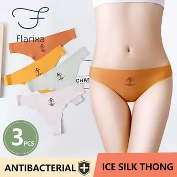Flarixa, 3 шт., бесшовные сексуальные стринги из ледяного шелка со средней талией, женские быстросохнущие женские трусики, антибактериальное хлопковое сексуальное нижнее белье с промежностью M