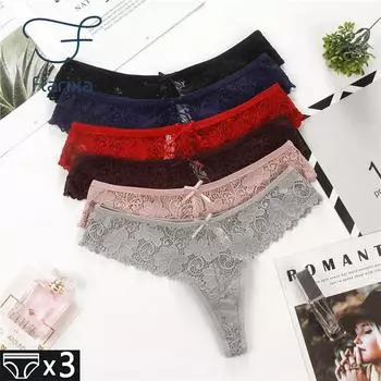 Flarixa, 3 шт., сексуальное кружевное нижнее белье, женские стринги, кружевные стринги с цветочным принтом для девочек, трусы с бантом, женские трусики S бежевый