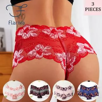 Flarixa, 3 шт., женские кружевные трусики, дышащее нижнее белье, трусы с цветочным принтом, сексуальное нижнее белье, прозрачные хипстерские очаровательные трусы, трусы для девочек M чёрный