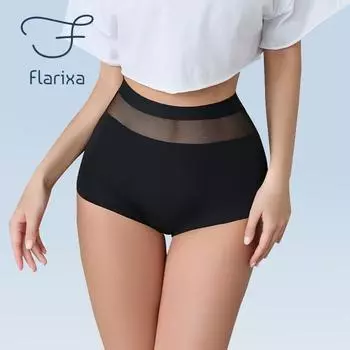 Flarixa, бесшовные женские трусики, дышащее нижнее белье из ледяного шелка, трусы с высокой талией и плоским животом, удобные трусы для девочек, кружевное белье M чёрный