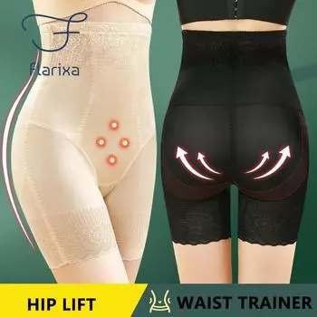 Flarixa кружевные трусики с высокой талией из ледяного шелка, дышащие тонкие корректирующие трусики для тела, теплые шорты для подтяжки ягодиц, управления животом M чёрный