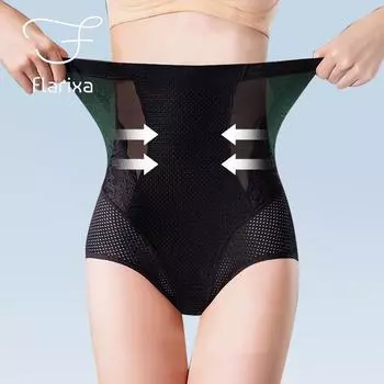 Flarixa женские трусики с контролем живота, ледяной шелк, утягивающее живот, нижнее белье с высокой талией, плоские трусики для живота, полые сетчатые трусы, летние M чёрный