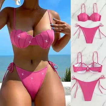 Flash Shell бикини комплекты купальник для женщин сексуальный пуш-ап купальник женский с низкой талией купальный костюм пляжная одежда купальный костюм S розы красного