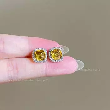 Flash Zircon Stud Earrings for Women Accessible Luxury Fancy Sterling Silver Earring/Pin 2025 New Arrival Best Selling Ear Bone Stud Earrings Yellow square diamond zircon earrings 925 [6mm]]