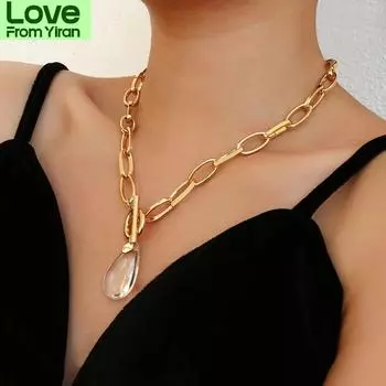 Flashbuy Новое модное прозрачное хрустальное ожерелье с подвеской в виде капли воды для женщин в стиле бохо, золотое металлическое ожерелье с цепочкой на шею, ювелирные изделия для вечеринок золотой
