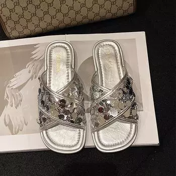 Flat bottom beautiful small cool slippers women s summer wear new high-end silver sequins with skirt one-word drag 35