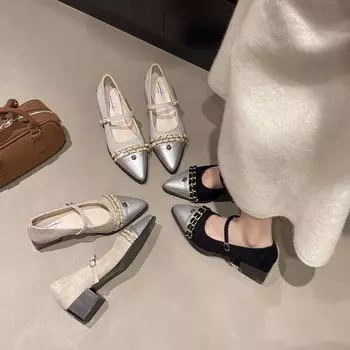 Flat bottom black pointed single shoes women s shoes 2025 new spring and autumn retro French temperament Mary Jane evening shoes 35 серебряный