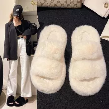 Flat bottom large size fluffy slippers women s 2025 autumn and winter new Korean version versatile warm word double fluffy slippers women 35