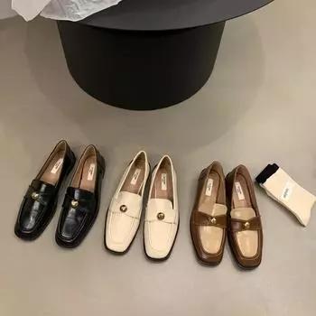 Flat bottom square head autumn and winter loafer single shoes women s shoes 2025 French small fragrant temperament British style small leather shoes 35 чёрный