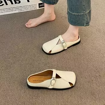Flat bottom square head bag head half slippers women s summer outer wear new one pedal with skirt single shoes sandals 35