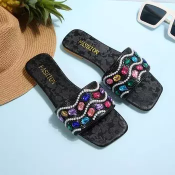 Flat bottom square head rhinestone slippers women s 2025 summer new large size one-word drag European and American foreign trade beach sandals 35