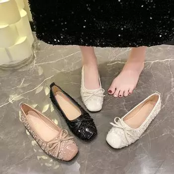 Flat bottom square head small fragrant single shoes women s shoes spring and autumn 2024 new French spring and autumn evening wind black beanie shoes 35 чёрный