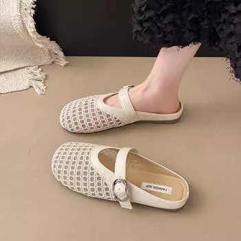 Flat bottom woven hollow slippers women s new outer wear fashion temperament sandals belt buckle bag head slippers 35