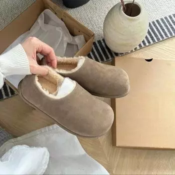 Flat-bottomed bag head, hairy half slippers, women wear one-pedal shoes, velvet cotton shoes 35