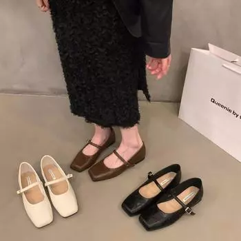 Flat-bottomed black Mary Jane shoes French single shoes women s shoes 2024 new spring, autumn and winter square head versatile evening shoes 35 чёрный