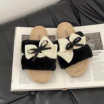 Flat-bottomed cute fluffy slippers women s warm and comfortable autumn retro bow non-slip cartoon one-pedal cotton slippers 35