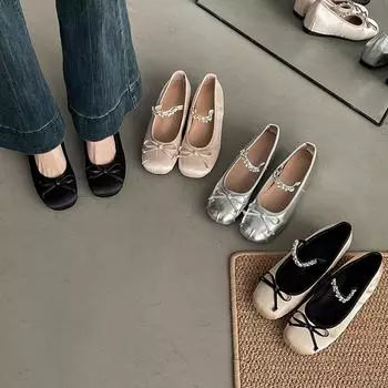 Flat-bottomed evening gentle silver fairy shoes 2025 new summer ballet bow Mary Jane single shoes 35 розовый