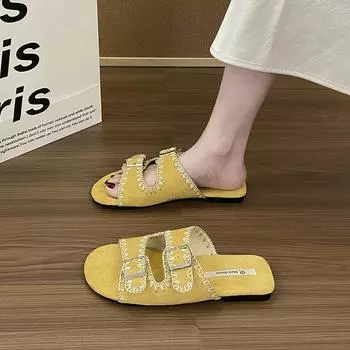 Flat-bottomed fashion outer wear belt buckle cool slippers women s shoes new summer outer wear yellow beach sandals 35