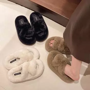 Женские пушистые тапочки на плоской подошве для улицы 2024 года, толстые плюшевые тапочки для офиса и дома из хлопка 35 хаки