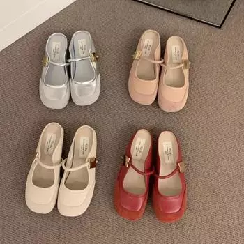 Flat-bottomed French small fragrant bag head half slippers women s shoes wear 2025 new summer Mary Jane half tray sandals 35 красный