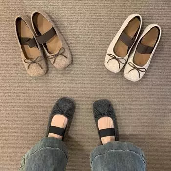 Flat-bottomed French square head single shoes women s shoes 2024 new spring and autumn bow word with retro suede commuter shoes 35 серый