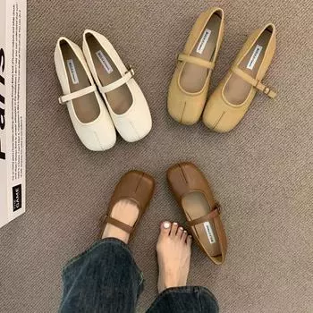 Flat-bottomed gentle evening shoes French cream yellow pig s trotters single shoes women s spring and autumn soft-soled split-toed Mary Jane grandma l 35 абрикосовый
