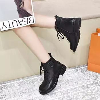 Flat-bottomed Martin boots women s boots new first-layer cowhide lace-up short boots comfortable warm cotton boots women s leather boots 35