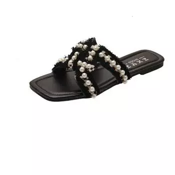 Flat-bottomed pearl beach shoes new one-word belt simple sandals student square head slippers women 35