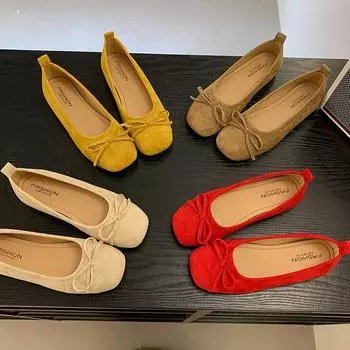 Flat-bottomed retro square head suede bow single shoes women s shoes 2025 new spring ballet evening shoes 35 красный
