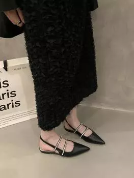 Flat-bottomed rhinestone niche high-end bag head sandals fairy shoes 2025 new summer French silver single shoes 35 чёрный